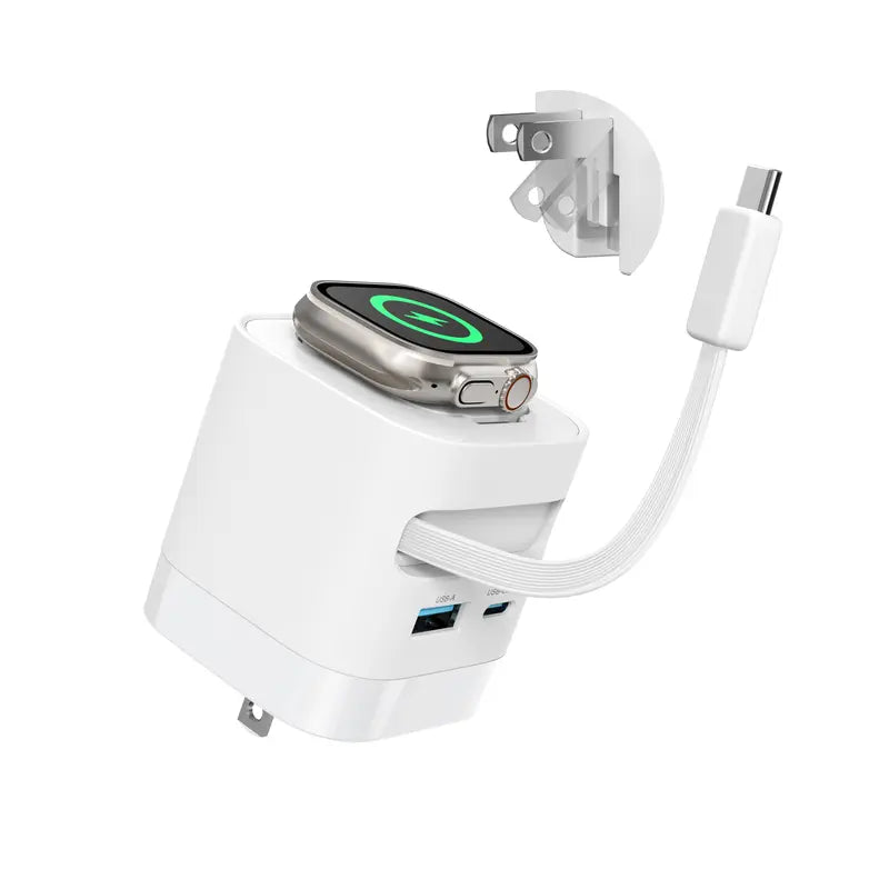 Tessan 35W Retractable USB-C Mobile Wall Charger Block with Built-In Wireless Smart Watch Charging & Foldable Plug, Compatible with Iwatch, Iphone, Airpods