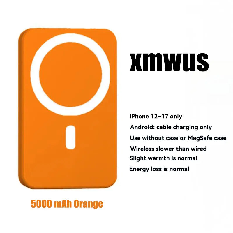 XMWUS 5000Mah Magnetic Power Bank for Iphone 12–18 Series, Works Best with Magsafe Case or No Case, Portable Wireless Charger