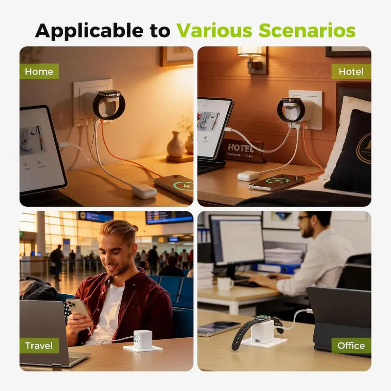Tessan 35W Retractable USB-C Mobile Wall Charger Block with Built-In Wireless Smart Watch Charging & Foldable Plug, Compatible with Iwatch, Iphone, Airpods