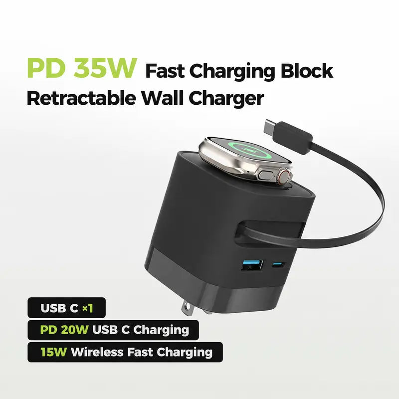 Tessan 35W Retractable USB-C Mobile Wall Charger Block with Built-In Wireless Smart Watch Charging & Foldable Plug, Compatible with Iwatch, Iphone, Airpods