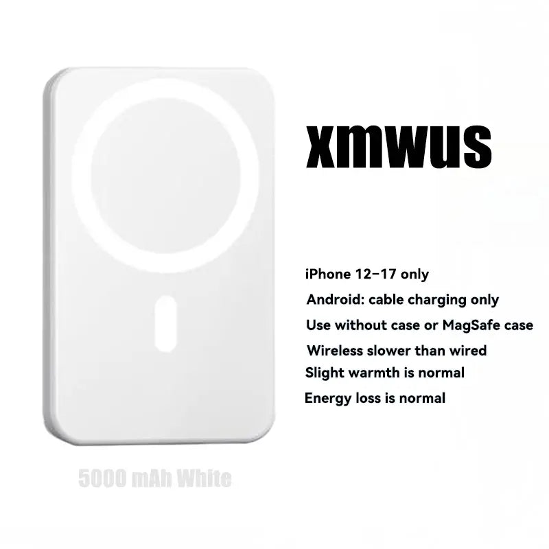XMWUS 5000Mah Magnetic Power Bank for Iphone 12–18 Series, Works Best with Magsafe Case or No Case, Portable Wireless Charger