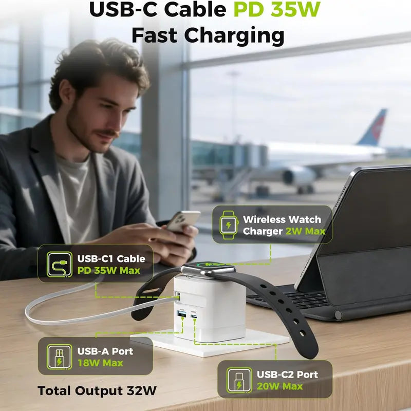 Tessan 35W Retractable USB-C Mobile Wall Charger Block with Built-In Wireless Smart Watch Charging & Foldable Plug, Compatible with Iwatch, Iphone, Airpods