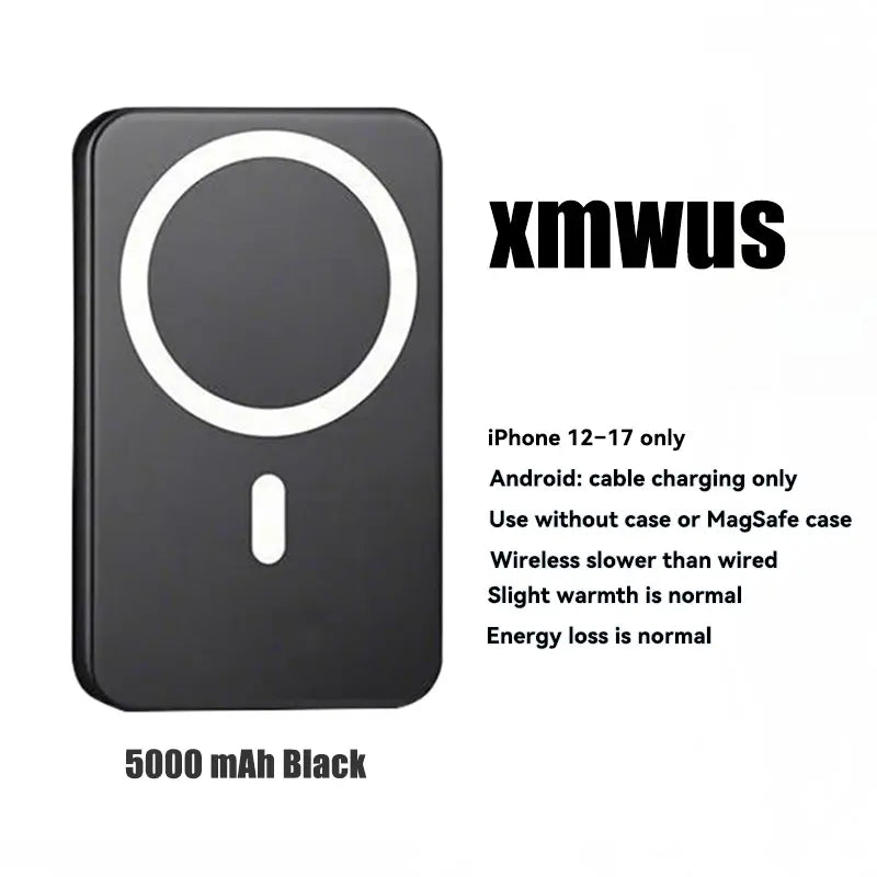 XMWUS 5000Mah Magnetic Power Bank for Iphone 12–18 Series, Works Best with Magsafe Case or No Case, Portable Wireless Charger
