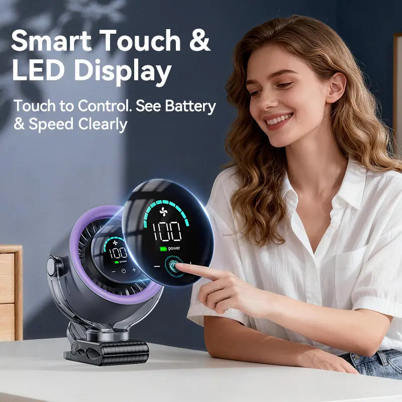 Summerwins 4000Mah Mini Rechargeable Desk Fan - 100-Speed Touch Control, LED Display, 360° Rotate Quiet Turbo, Mini Clip-On Design Desk Fan, Long-Life Rechargeable, Hands-Free Clip-On, USB Battery Operated for Stroller, Travel, Camping, Mini Clip-On Desig