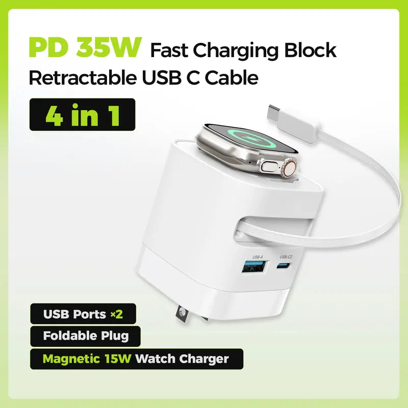 Tessan 35W Retractable USB-C Mobile Wall Charger Block with Built-In Wireless Smart Watch Charging & Foldable Plug, Compatible with Iwatch, Iphone, Airpods