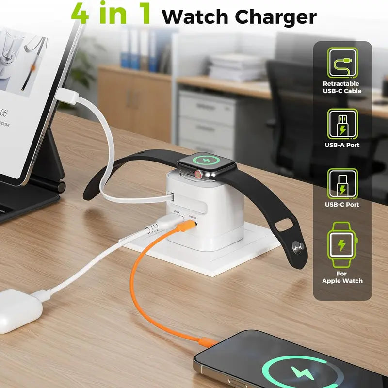 Tessan 35W Retractable USB-C Mobile Wall Charger Block with Built-In Wireless Smart Watch Charging & Foldable Plug, Compatible with Iwatch, Iphone, Airpods
